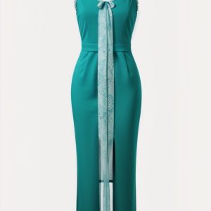 Contrast V-neck Slit Knit Midi Dress