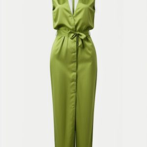 Deep V-neck Backless Slit Midi Dress