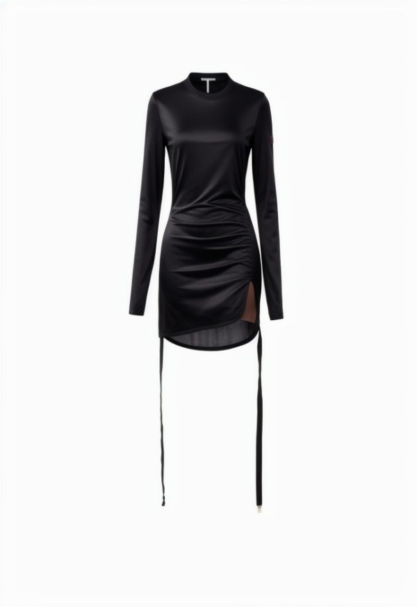 Solid Crew Neck Drawstring Shirred Mini Dress